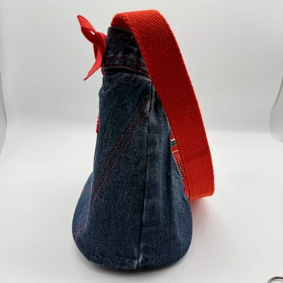 Handmade Denim‎ Jean Purse Red Trim Bow Accent Snap Closure - Picture 10 of 14